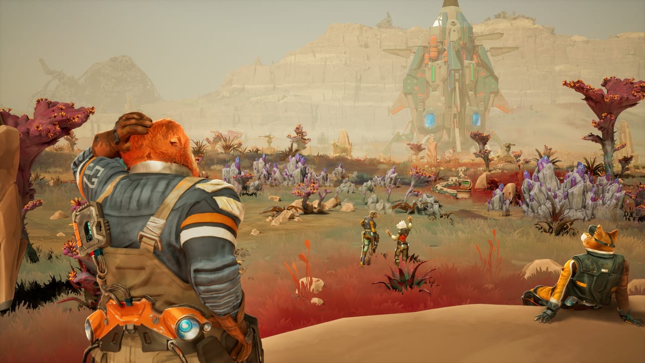 Gravhounds look across an alien plain toward a landed dropship among crystal plants